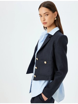 Koton Slim Fit Gold Düğme Detaylı Cepli Crop Tüvit Blazer Ceket