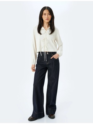 Koton Rahat Kalıp Viskon Keten Karışımlı Uzun Kollu Dokulu Fiyonk Bağlama Detaylı Bluz