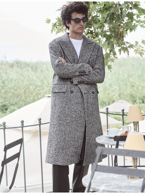 Koton Uzun Kaşe Kaban Kruvaze Yaka Cep Detaylı Pamuk Karışımlı