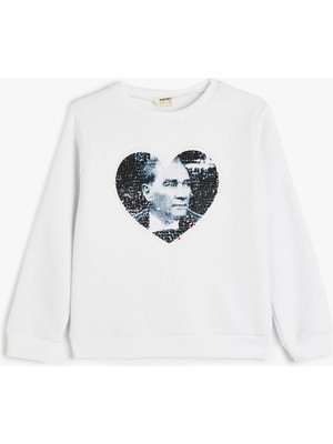 Koton Atatürk Baskılı Tişört Pullu Payetli Bisiklet Yaka Uzun Kollu