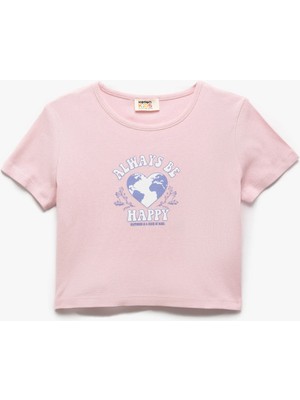 Koton Pamuklu Kalp Baskılı Bisiklet Yaka Kısa Kollu Crop Tişört