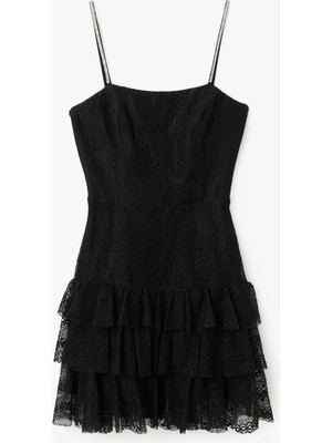 Koton Kare Yaka Ip Askılı Dantelli Volanlı Mini Abiye Elbise