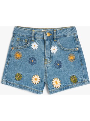 Koton Çiçek Nakış Detaylı Cepli Pamuklu Denim Şort