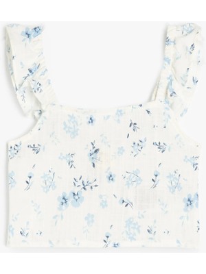 Koton Pamuklu Kare Yaka Fırfır Detaylı Çiçek Desenli Crop Bluz