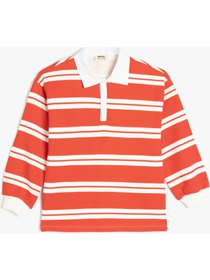 Koton Çizgili Uzun Kollu Düğme Detaylı Polo Yaka Sweatshirt