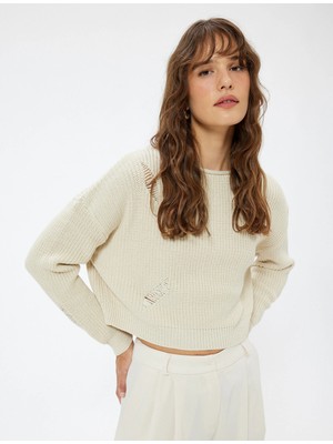 Koton Yıpratılmış Detaylı Örgü Kazak Kayık Yaka Uzun Kollu