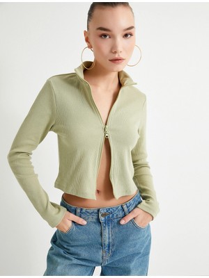 Koton Fermuarlı Triko Hırka Dik Yaka Kaşkorse Uzun Kollu