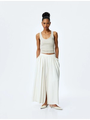 Koton Cepli Yırtmaçlı Viskon Keten Karışımlı Pileli Uzun Kloş Etek