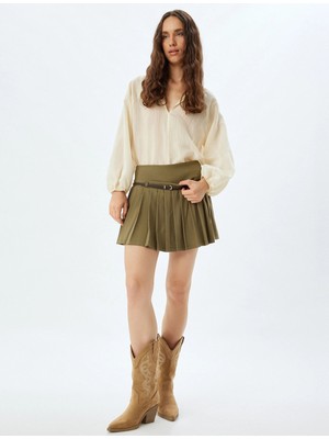 Koton Pileli Mini Etek Kemerli Standart Bel Rahat Kalıp