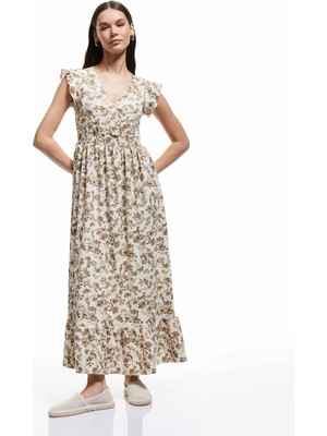 Koton Kelebek Kol V Yaka Çiçekli Gipeli Volanlı Uzun Elbise