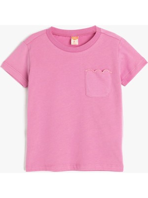 Koton Kız Çocuk Pamuklu Kısa Kollu Bisiklet Yaka Basic Tişört Pembe Cep Detaylı Günlük Stil