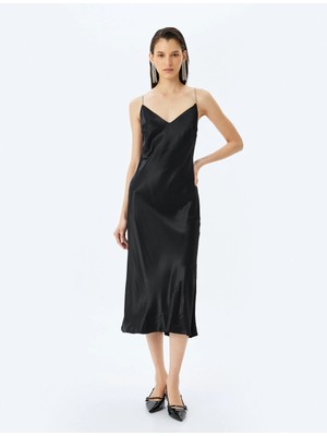 Koton V Yaka Sırt Detaylı Taşlı Askılı Slip Uzun Saten Elbise