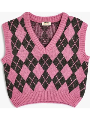 Koton Süveter Baklava Desenli V Yaka Yumuşak Dokulu