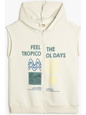 Koton Kapüşonlu Fermuarlı Slogan Baskılı Kolsuz Sweatshirt
