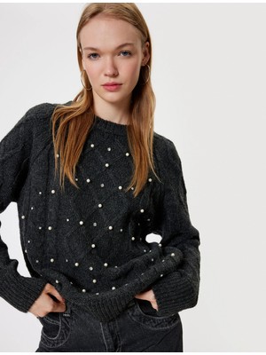 Koton Triko Kazak Bisiklet Yaka Inci Detaylı Örgü Dokulu Uzun Kollu