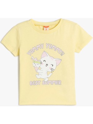 Koton Pamuklu Bisiklet Yaka Kedi Baskılı Kısa Kollu Tişört