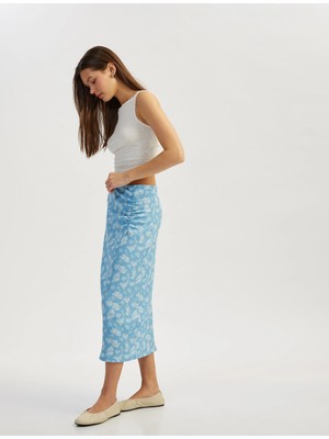 Koton Drapeli Çiçekli Beli Lastikli Midi Kalem Etek