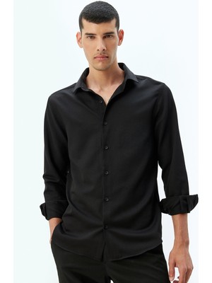 Koton Klasik Gömlek Uzun Kollu Yarım Italyan Yaka Pamuk Karışımlı