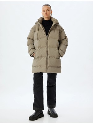 Koton Kapüşonlu Uzun Şişme Mont Su Itici Cepli Fermuarlı