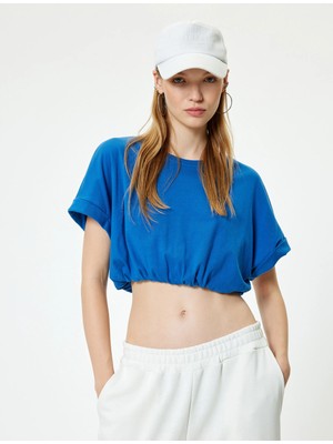 Koton Crop Tişört Etek Ucu Lastikli Kısa Kollu Bisiklet Yaka Pamuklu