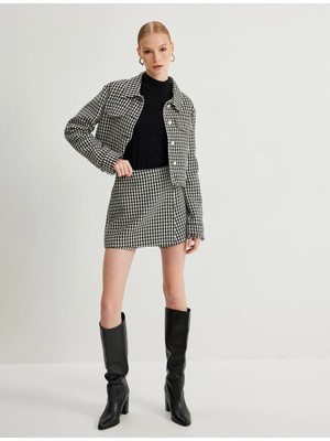 Koton Mini Tüvit Şort Etek Kruvaze Kazayağı Desenli Yün Karışımlı