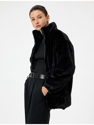 Koton Peluş Mont Dik Yaka Fermuarlı Cepli Beli Lastik Detaylı