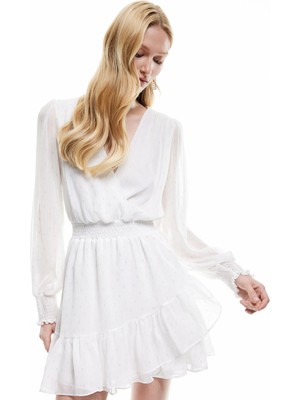 Koton Volanlı Uzun Kollu Gipeli Kruvaze Yaka Tül Mini Elbise