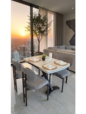 Fursimo Tera Serisi Açılır Yemek Masası Takımı 80X120 cm BEYAZ TRAVERTEN DESEN (180 cm Açılır) –  SİYAH Metal Ayak 4 Sandalyeli