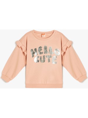 Koton Fırfırlı Sweatshirt Baskılı Uzun Kollu Bisiklet Yaka Şardonlu Pamuklu