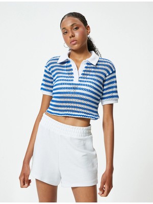 Koton Kroşe Polo Yaka Tişört Crop Kısa Kollu Düğme Detaylı