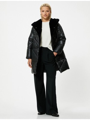 Koton Uzun Şişme Mont Suni Kürk Yaka Kapitone Cepli Rahat Kalıp