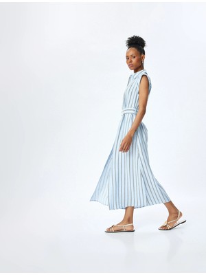 Koton Cepli Kemerli Kolsuz Midi Boy Çizgili Gömlek Elbise