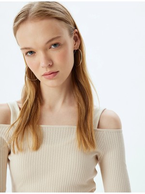 Koton Uzun Kollu Tişört Crop Bloklu Kalın Askılı Kayık Yaka