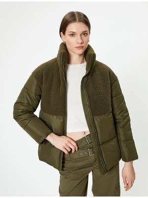 Koton Şişme Mont Peluş Detaylı Dik Yaka Fermuarlı Cepli