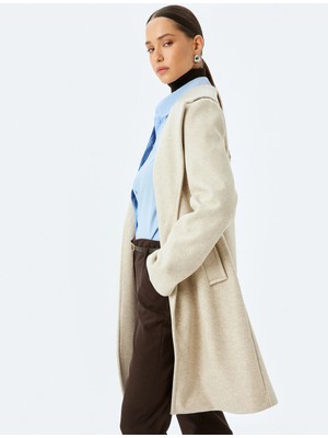 Koton Düğmeli Cepli Kruvaze Uzun Kaşe Kaban