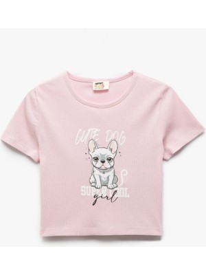 Koton Kız Çocuk Pamuklu Köpek Baskılı Kısa Kollu Tişört Slim Fit Pembe Renk Yaka Bisiklet