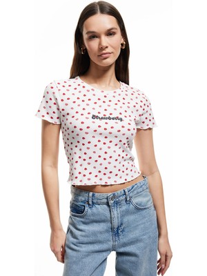 Koton Kısa Kollu Crop Bisiklet Yaka Çilek Baskılı Tişört