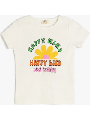 Koton Bisiklet Yaka Kısa Kollu Baskı Detaylı Pamuklu Crop Tişört