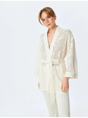 Koton Pamuklu Geniş Kol Kuşak Detaylı Uzun Kroşe Kimono Ceket