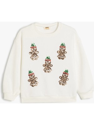 Koton Sweatshirt Yılbaşı Temalı Pullu Payetli Kurabiye Adam Baskılı Uzun Kollu Bisiklet Yaka