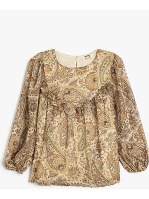 Koton Fırfırlı Bluz Uzun Kollu Yuvarlak Yaka Manşetleri Lastikli