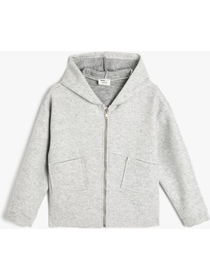 Koton Kapşonlu Gri Sweatshirt Kız Çocuk Rahat Kesim Fermuarlı Cep Detaylı