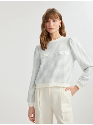 Koton Uzun Balon Kol Aplike Detaylı Bisiklet Yaka Çizgili Sweatshirt