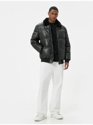 Koton Suni Deri Şişme Mont Kürk Yaka Cepli