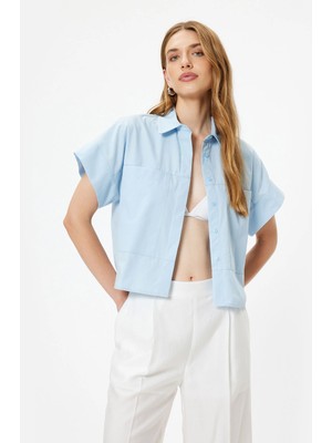 Koton Crop Gömlek Kısa Kollu Bol Kalıp Cepli Pamuklu