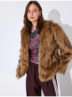 Koton Suni Kürk Kaban Oversize Kapüşonlu Düğmeli Cep Detaylı