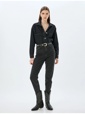 Koton Mom Fit Kot Pantolon Standart Bel Kısa Paça Düğmeli Cepli Pamuklu - Mom Fit Jeans