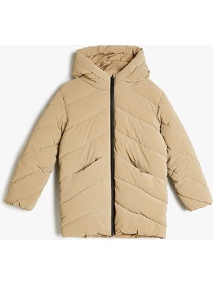 Koton Kapşonlu Uzun Şişme Mont Cep Detaylı