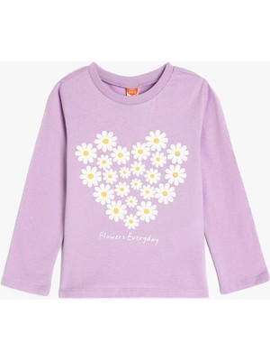 Koton Kız Çocuk Uzun Kollu Tişört Günlük Kullanım İçin Pamuklu Çiçek Desenli Mor