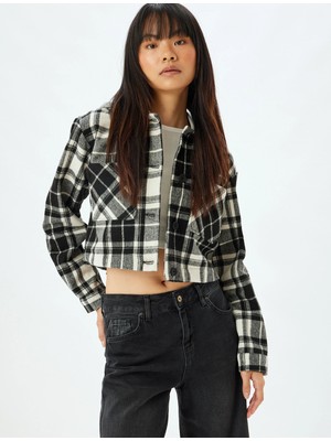 Koton Kaşe Gömlek Ceket Ekoseli Crop Kapüşonlu Cep Detaylı Düğmeli